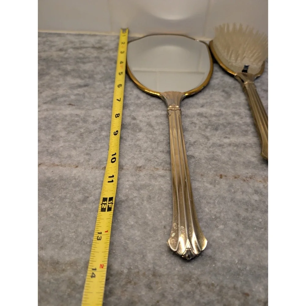 Vintage Mirror and‎ Brush Set Vanity Set Gold Tone Floral Design